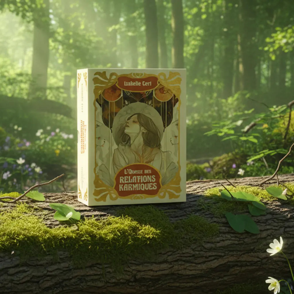 Coffret L'Oracle des Relations Karmiques de Isabelle Cerf posé sur une souche en forêt, illustration style Art Nouveau avec une femme au chapeau.