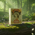 Coffret L'Oracle des Relations Karmiques de Isabelle Cerf posé sur une souche en forêt, illustration style Art Nouveau avec une femme au chapeau.