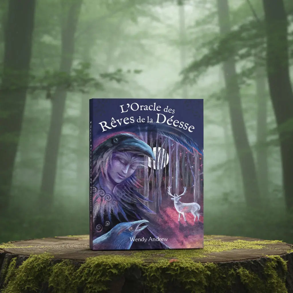 Coffret bleu nuit L'Oracle des Rêves de la Déesse de Wendy Andrew posé sur une souche, illustré d'une femme rêvant accompagnée d'un corbeau et d'un cerf blanc sous la lune.