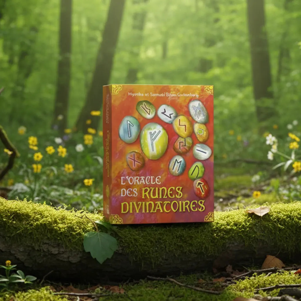 Coffret Oracle des Runes Divinatoires - Coffret 25 Cartes posé sur une branche moussue en forêt, illustré de pierres runiques aux couleurs vibrantes.