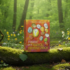 Coffret Oracle des Runes Divinatoires - Coffret 25 Cartes posé sur une branche moussue en forêt, illustré de pierres runiques aux couleurs vibrantes.