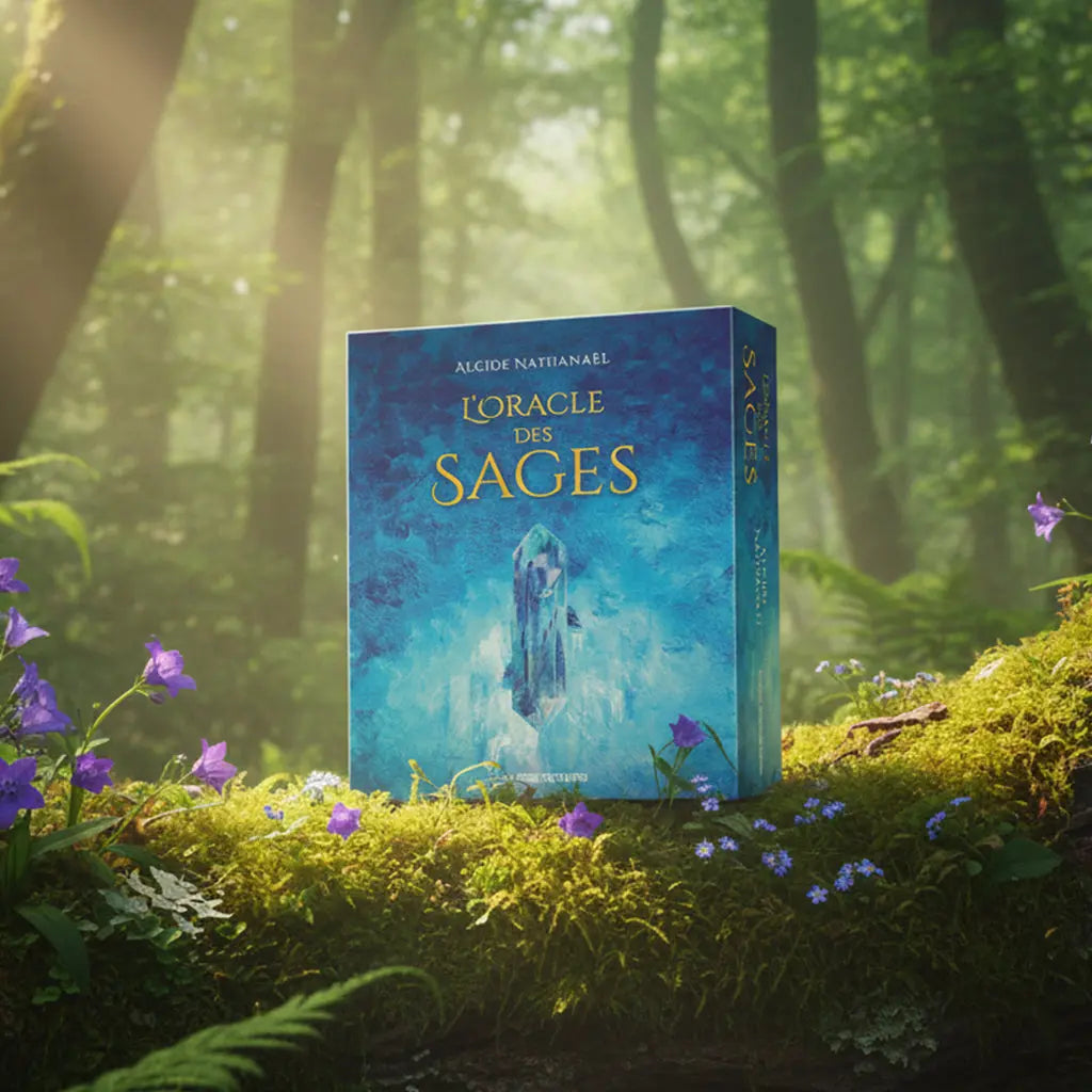 Coffret bleu cristallin L'Oracle des Sages d'Alcide Nathanaël posé sur une souche, illustré d'un grand cristal flottant dans une aura mystique.