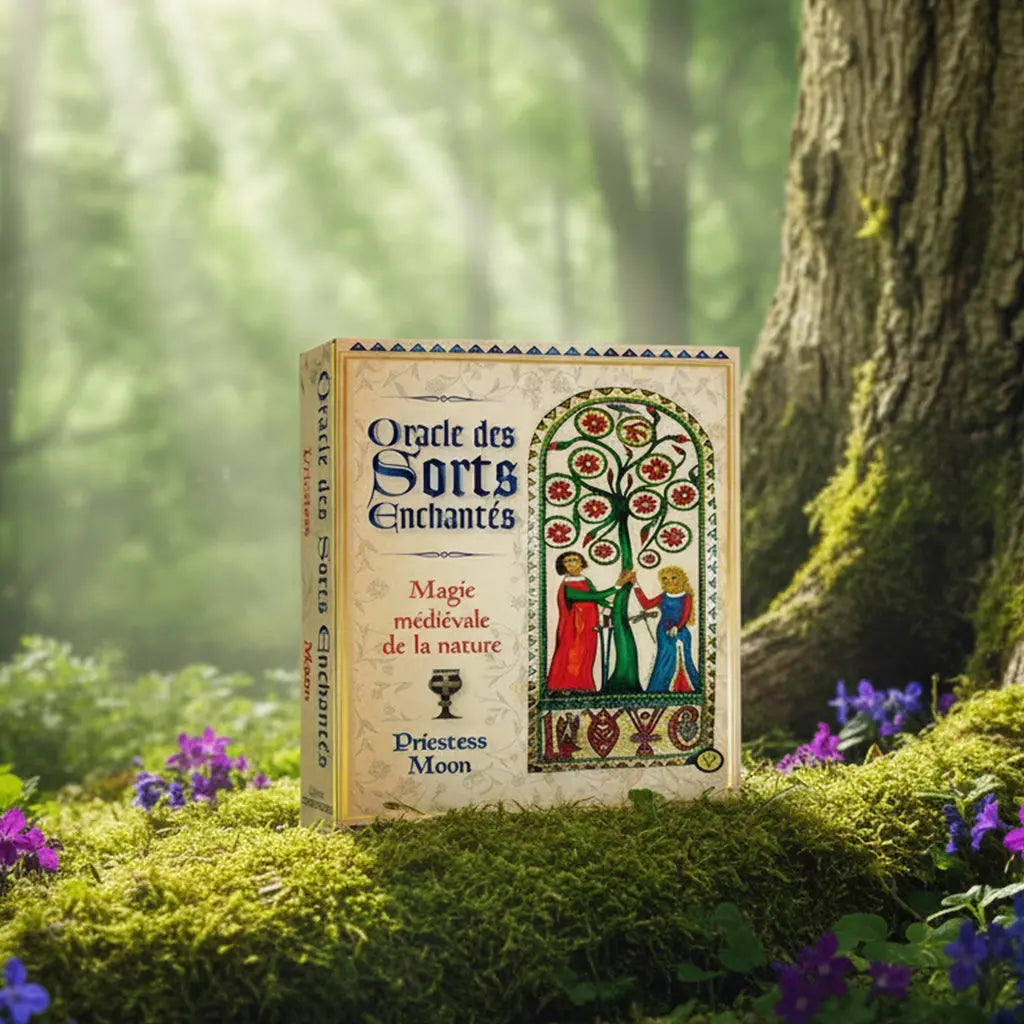 Coffret beige Oracle des Sorts Enchantés - Priestess Moon posé sur une souche, illustré d'une enluminure médiévale avec un arbre de vie et deux personnages.