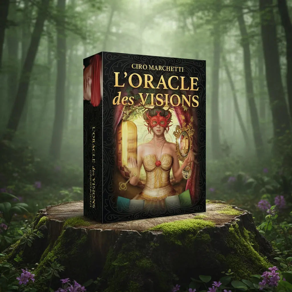 Coffret noir et doré L'Oracle des Visions de Ciro Marchetti posé sur une souche, illustré d'une femme masquée tenant un miroir dans un décor de théâtre victorien.