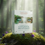 Coffret blanc L'Oracle du Chaman Mystique posé sur une souche, illustré d'un regard perçant vert émeraude à travers un paysage de forêt.