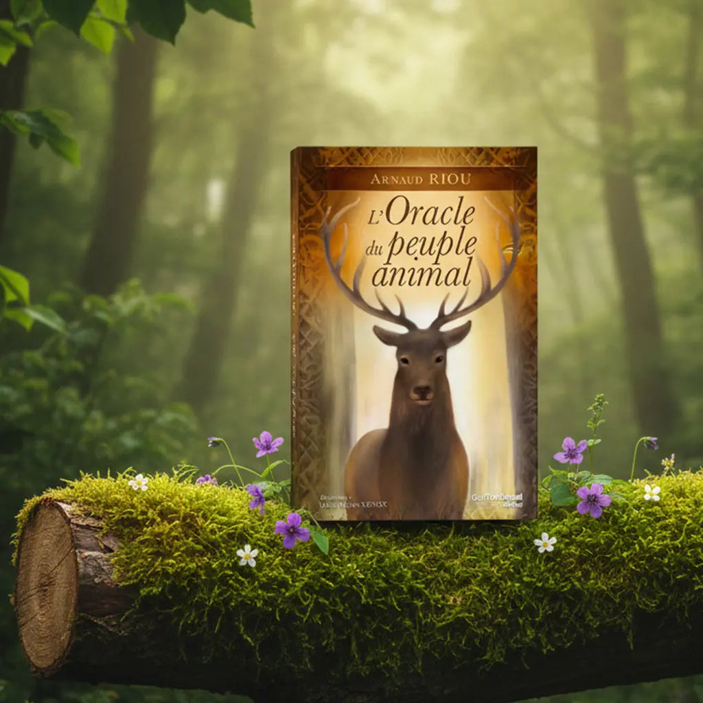 Coffret L'Oracle du Peuple Animal - Arnaud Riou posé sur une souche, illustré d'un cerf majestueux dans une lumière dorée.