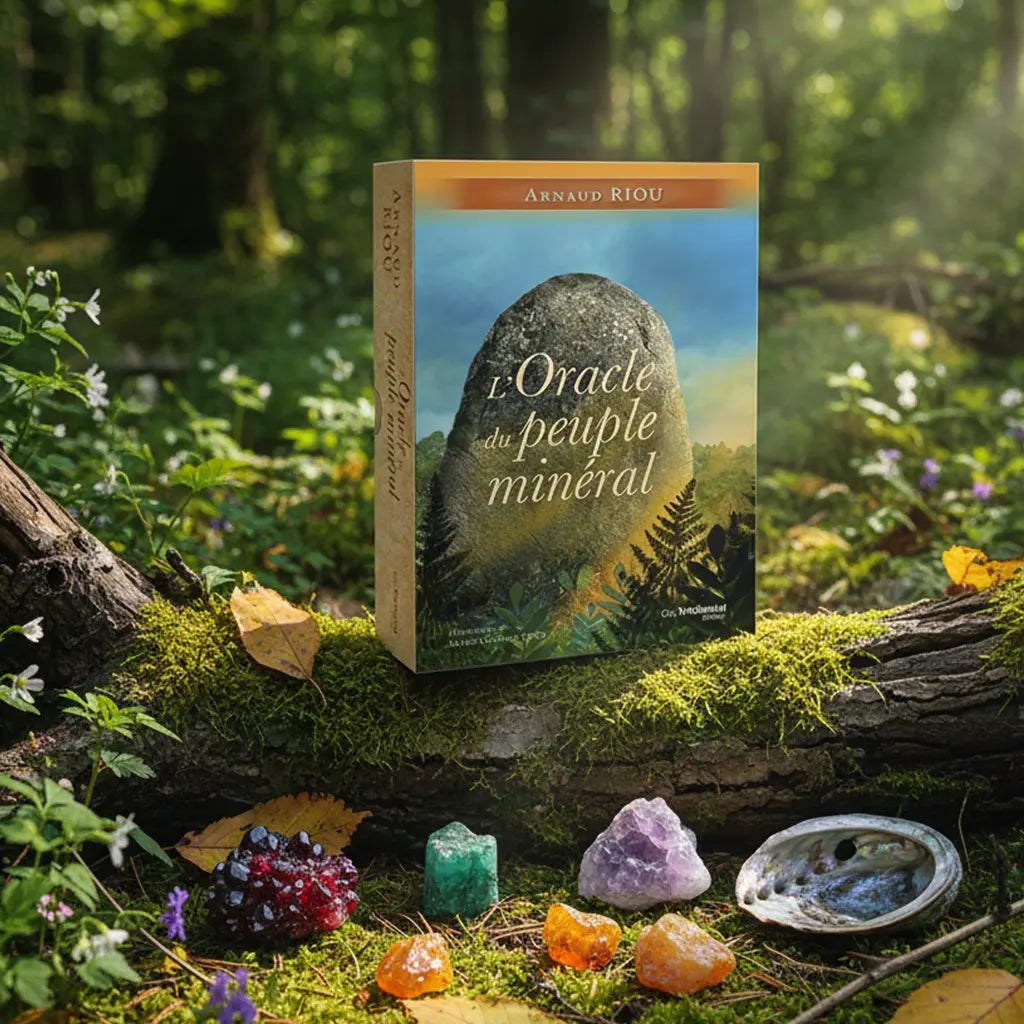 Coffret L'Oracle du Peuple Minéral d'Arnaud Riou posé sur une souche moussue en forêt, entouré de cristaux bruts (améthyste, quartz) et d'une coquille d'ormeau.