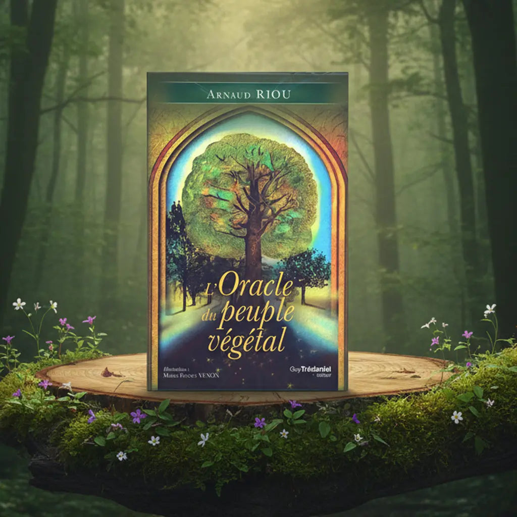 Coffret L'Oracle du Peuple Végétal d'Arnaud Riou posé sur une souche, illustré d'un arbre majestueux dans une arche lumineuse par Marie-France Venon.