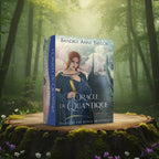 Coffret bleu L'Oracle du Quantique de Sandra Anne Taylor posé sur une souche, illustré d'une femme tenant un parchemin doré devant un pont et des lignes géométriques lumineuses.