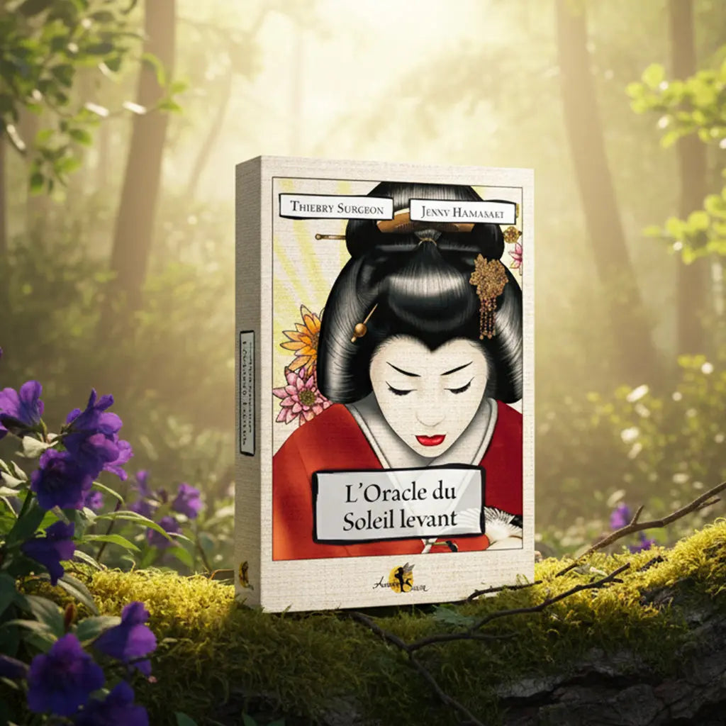 Coffret beige et rouge L'Oracle du Soleil Levant de Thierry Surgeon posé sur une souche, illustré d'une femme japonaise en kimono rouge au regard baissé et coiffure traditionnelle.