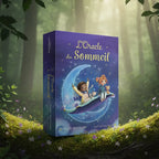 Coffret violet L'Oracle du Sommeil de Malory Malmasson posé sur une souche, illustré de deux enfants volant sur un tapis magique devant la lune par Laure Phelipon.