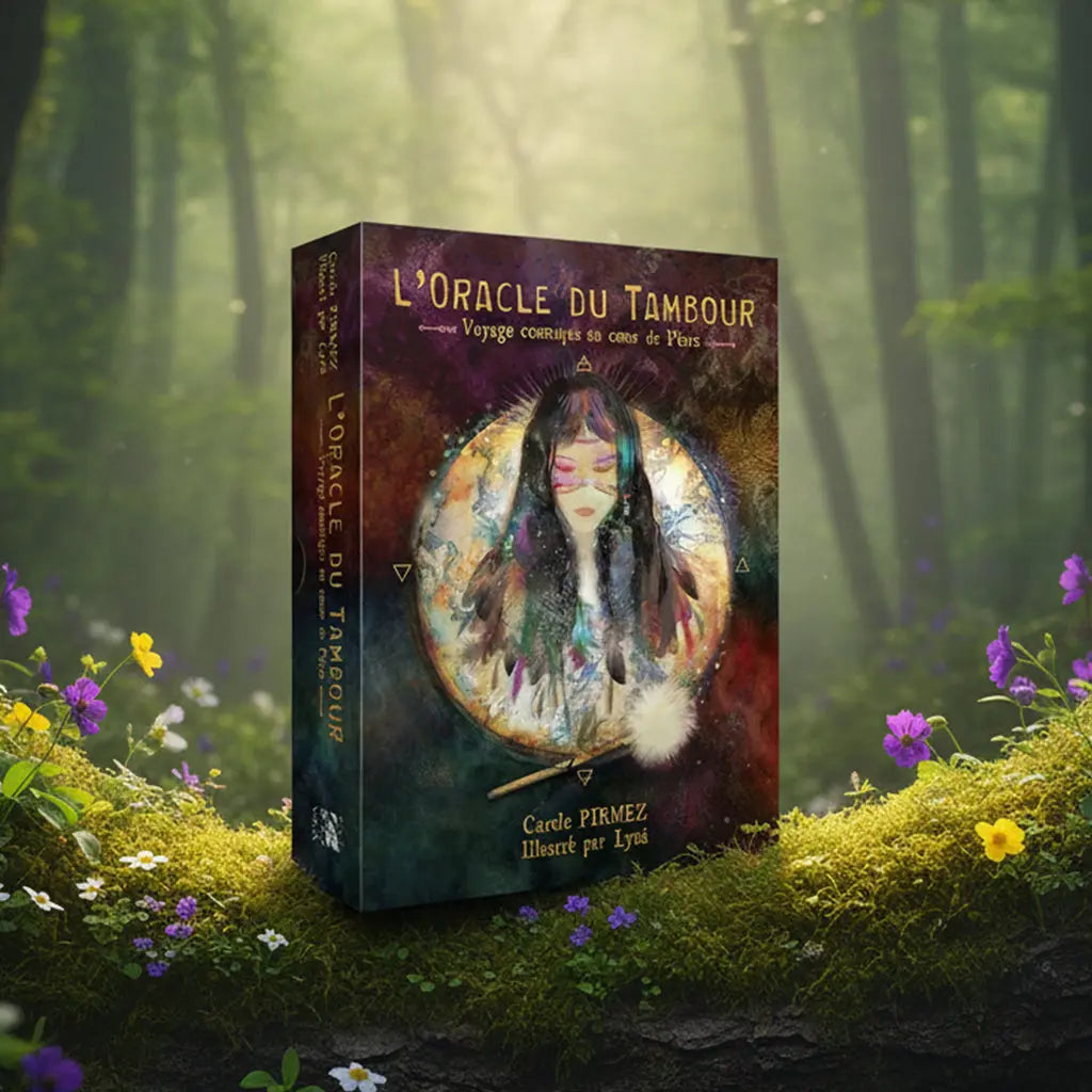 Coffret L'Oracle du Tambour de Carole Pirmez posé sur une souche, illustré d'une femme chamane au visage peint au centre d'un tambour sacré.