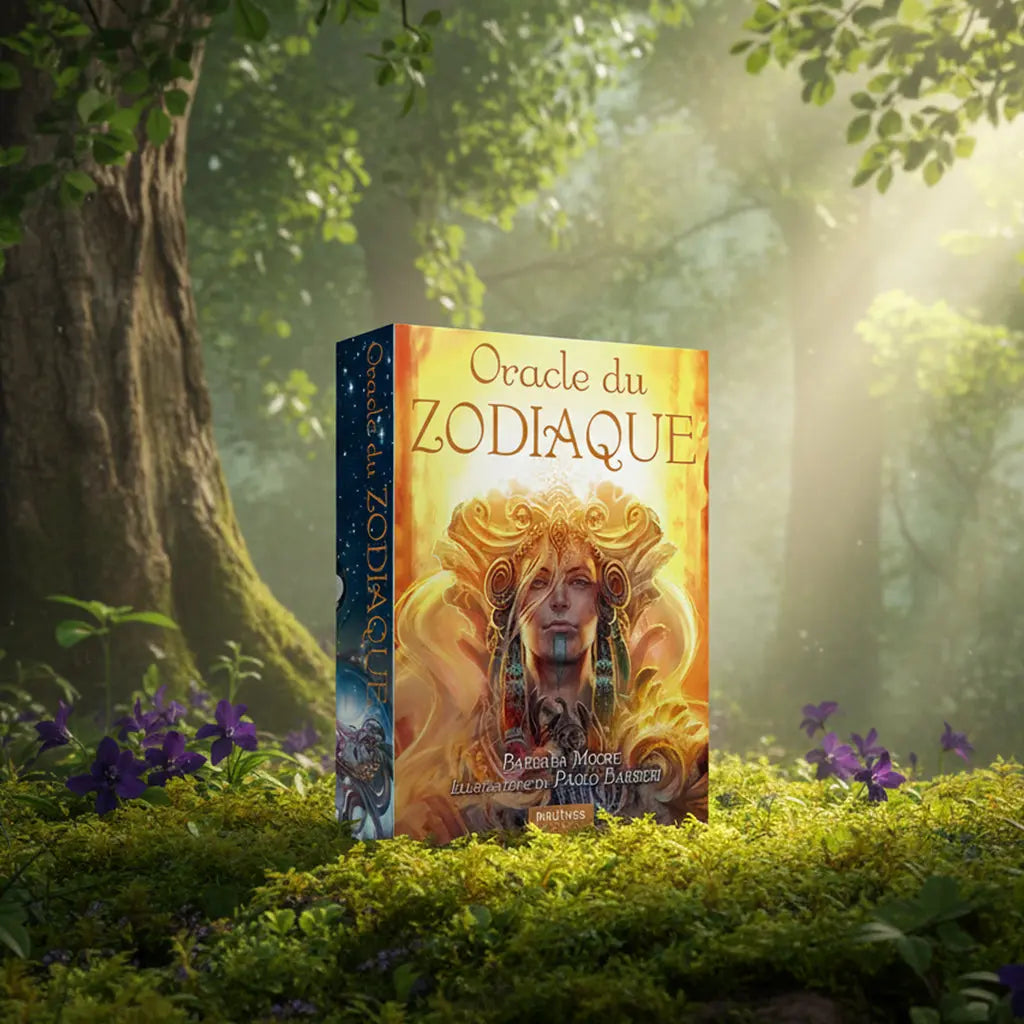 Coffret lumineux Oracle du Zodiaque - Barbara Moore posé sur de la mousse, illustré d'une divinité solaire aux cheveux de feu par Paolo Barbieri.