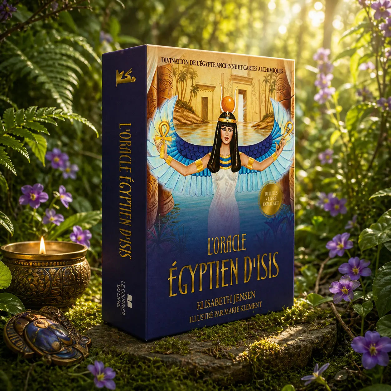 Coffret bleu nuit L'Oracle Égyptien d'Isis d'Elisabeth Jensen posé dans la mousse, illustré de la déesse Isis ailée devant un temple du Nil.