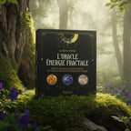 Coffret noir L'Oracle Energie Fractale de Karine Winsz posé dans la mousse forestière, illustré de trois médaillons colorés montrant des formes fractales et planétaires.