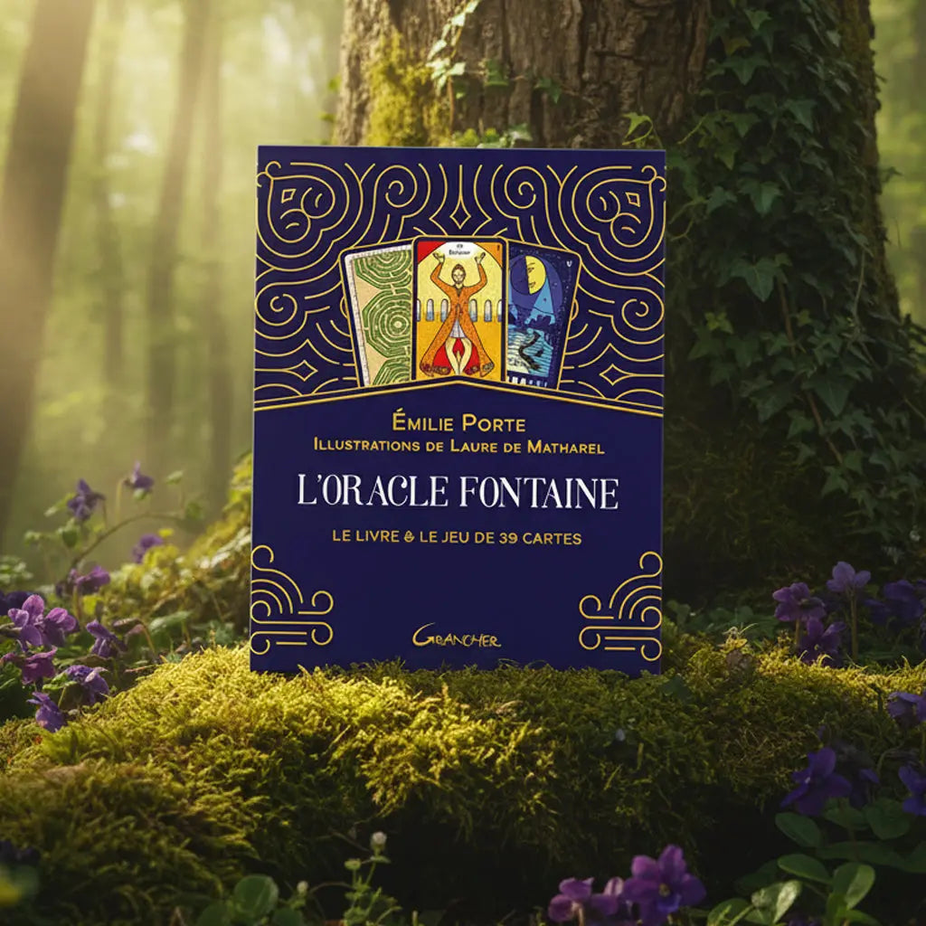 Coffret bleu et doré L'Oracle Fontaine d'Émilie Porte posé dans la mousse, illustré de trois cartes révélant un labyrinthe, un personnage solaire et une scène lunaire.