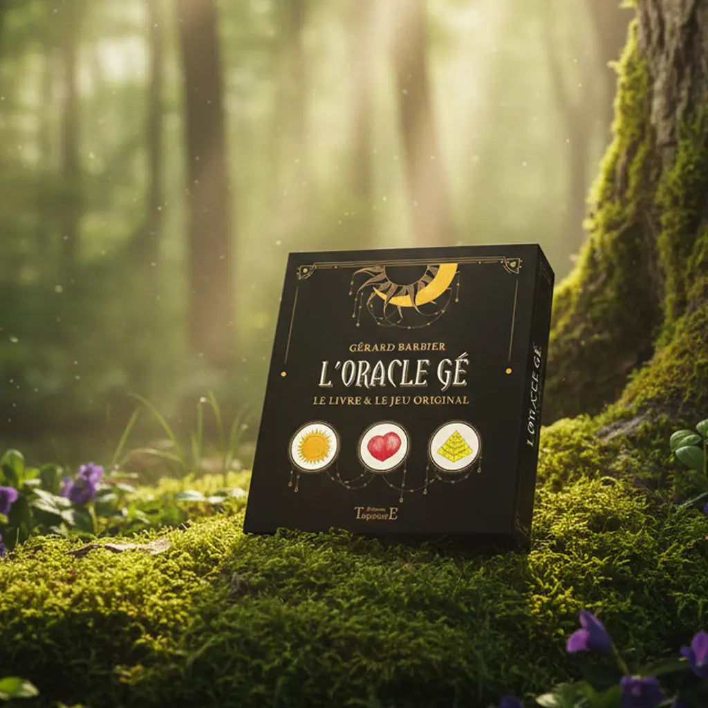 Coffret noir complet L'Oracle Gé Jeu+Livre de Gérard Barbier posé dans la mousse, accompagné de son livre guide et révélant des symboles ésotériques dorés.