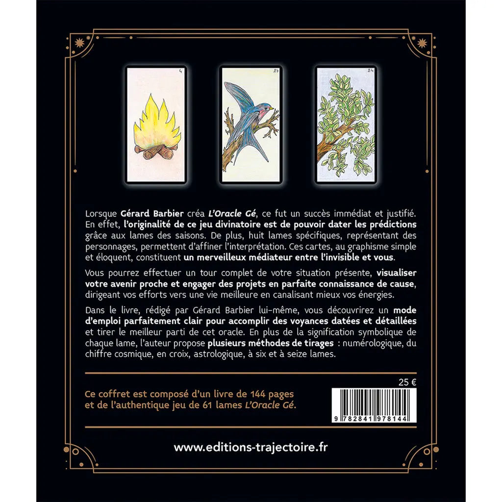 L'Oracle Gé Jeu+Livre illustré par le verso de son coffret noir et or présentant trois lames originales et un descriptif du livre de 144 pages.