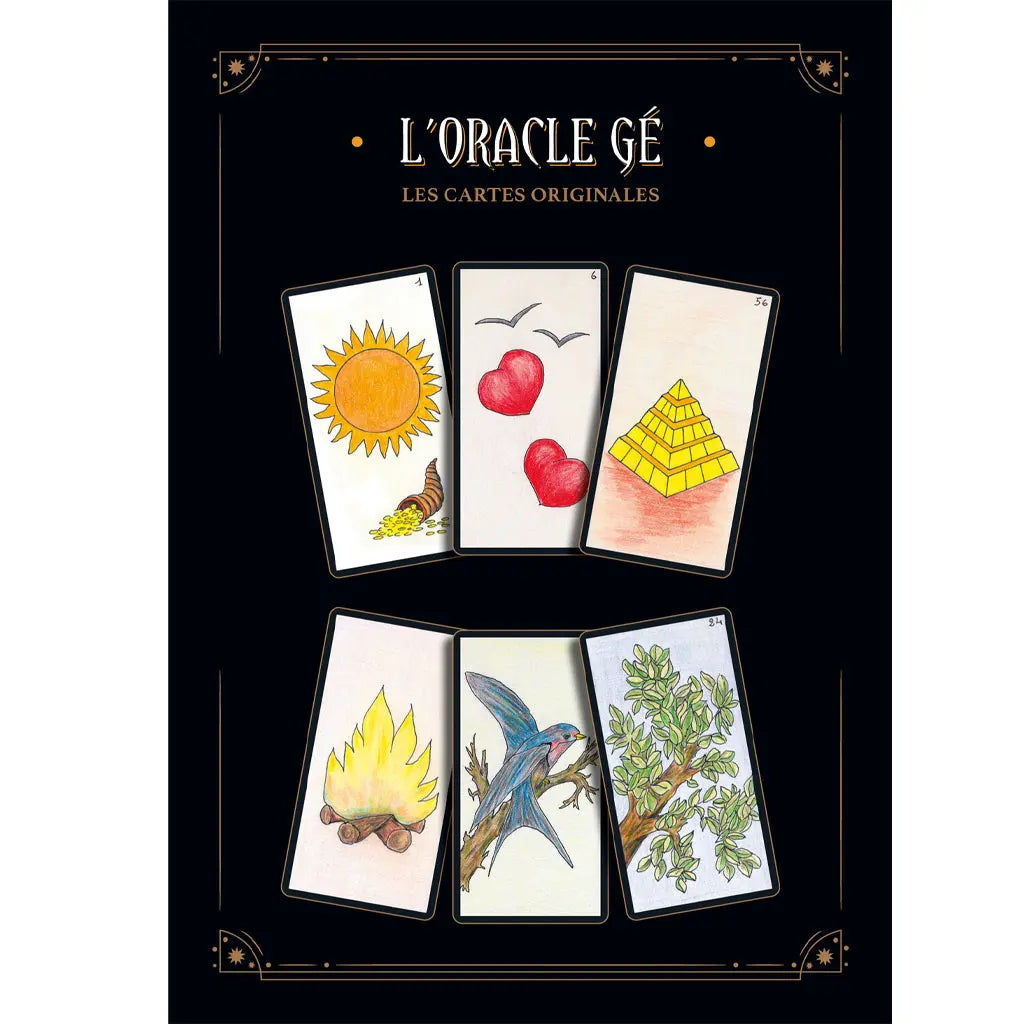 L'Oracle Gé Jeu Simple illustré par six cartes originales présentant des dessins colorés de soleil, cœurs, pyramide, feu, oiseau et arbre sur un fond noir.