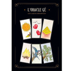 L'Oracle Gé Jeu Simple illustré par six cartes originales présentant des dessins colorés de soleil, cœurs, pyramide, feu, oiseau et arbre sur un fond noir.