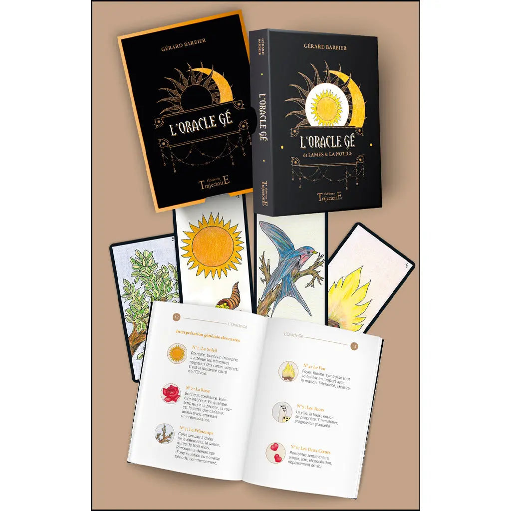 L'Oracle Gé Jeu Simple illustré par son coffret noir et or accompagné de sa notice ouverte et de plusieurs cartes divinatoires aux dessins colorés.