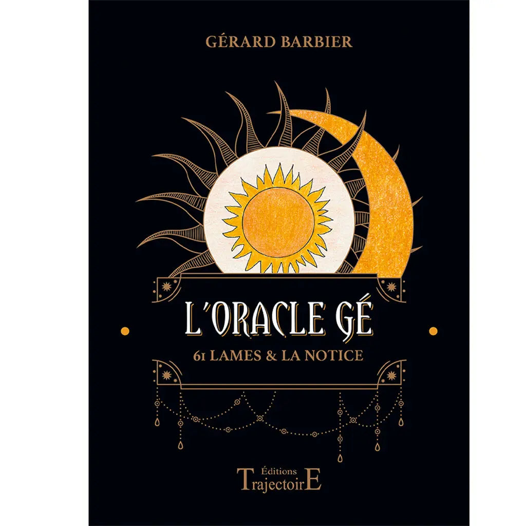 L'Oracle Gé Jeu Simple illustré par un soleil rayonnant et un croissant de lune dorés sur une couverture noire élégante.
