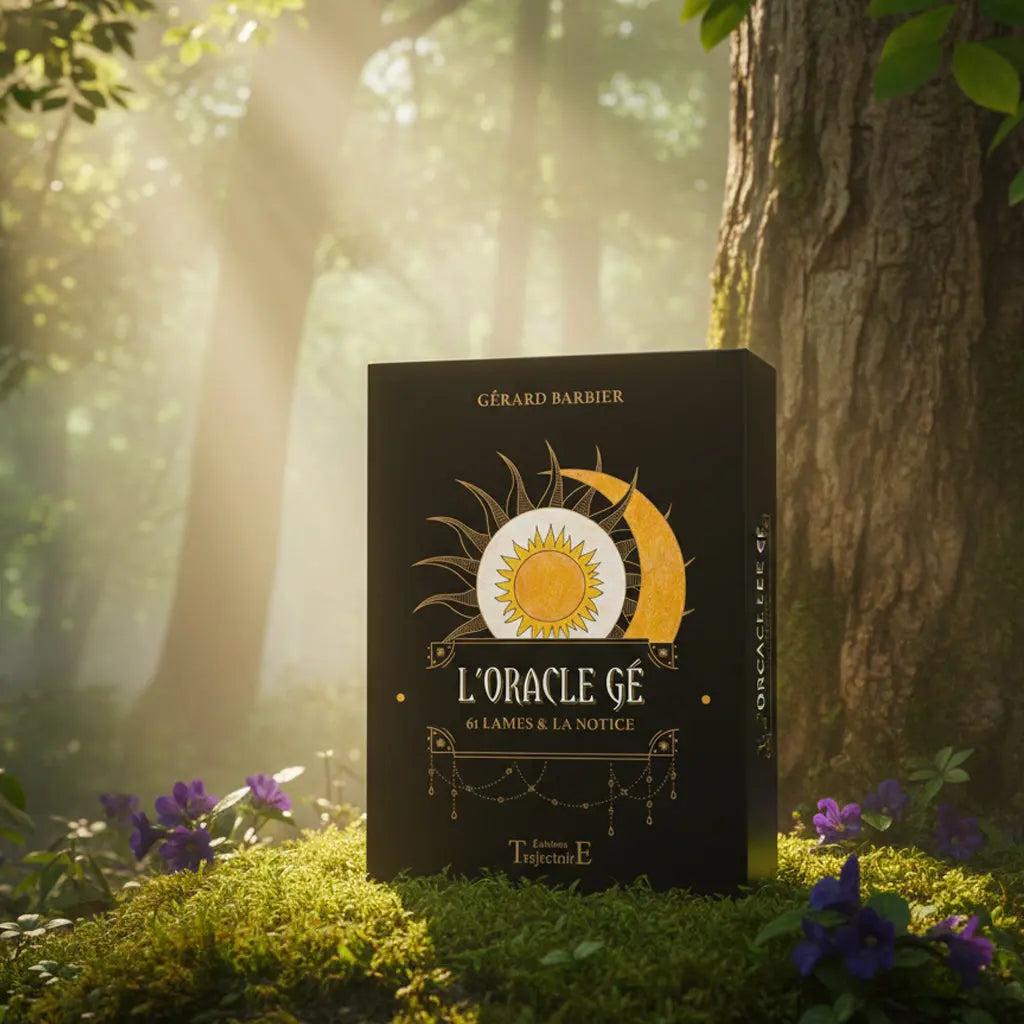 Coffret noir L'Oracle Gé Jeu Simple de Gérard Barbier posé dans la mousse forestière, illustré d'un soleil rayonnant et d'un croissant de lune dorés.