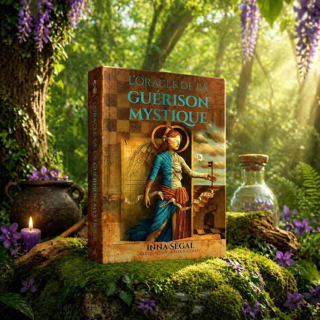 Coffret illustré L'Oracle de la Guérison Mystique d'Inna Segal posé dans la mousse forestière, montrant une figure angélique aux yeux bandés tenant une clé mystique.