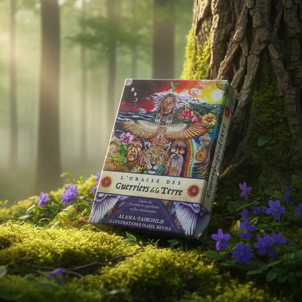 Coffret coloré L'Oracle des Guerriers de la Terre d'Alana Fairchild posé sur une souche, illustré de visages tribaux et d'un aigle spirituel.