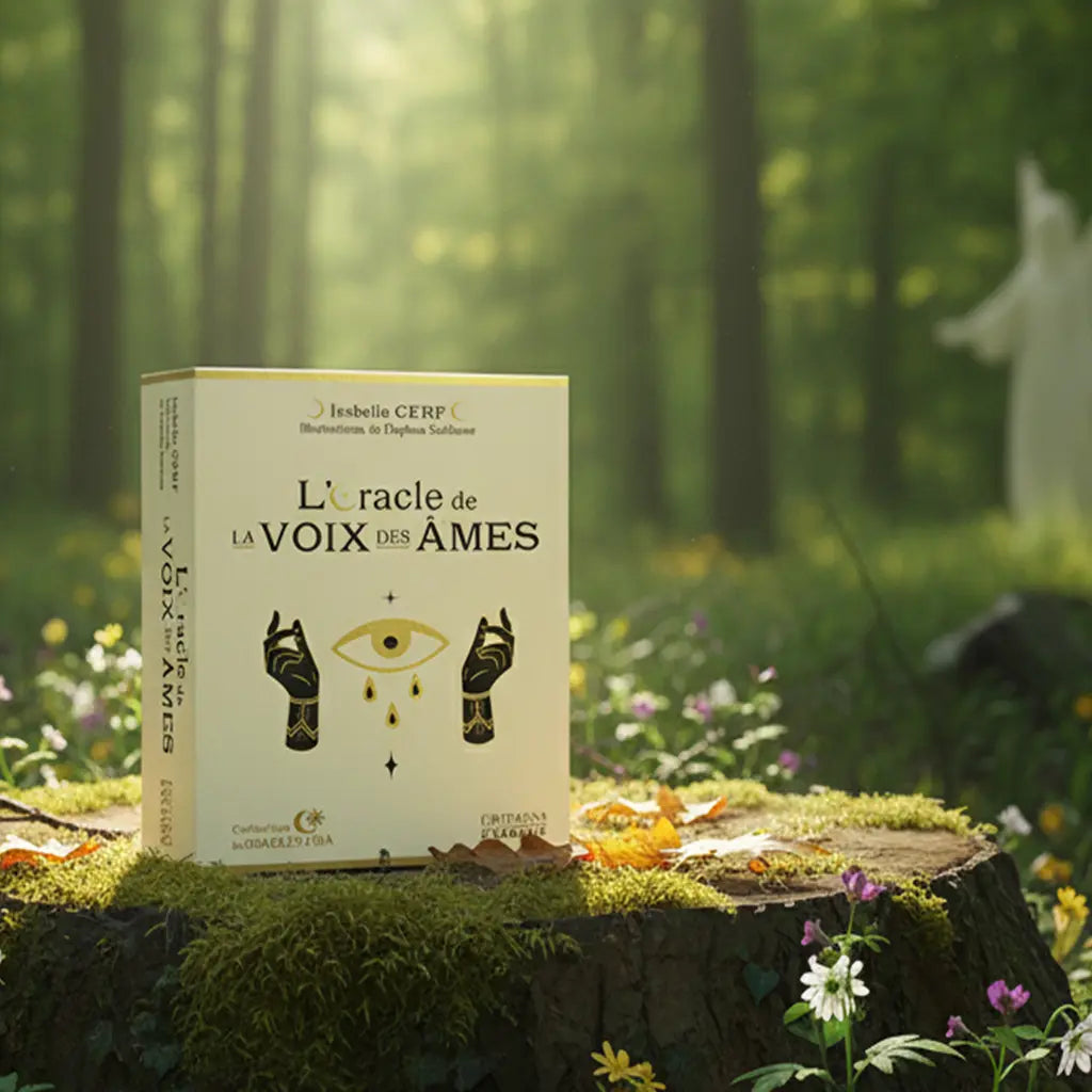 Coffret L'Oracle de la Voix des Ames d'Isabelle Cerf, illustré d'un œil mystique et de mains dorées, posé sur une souche en forêt avec une silhouette spectrale en arrière-plan.