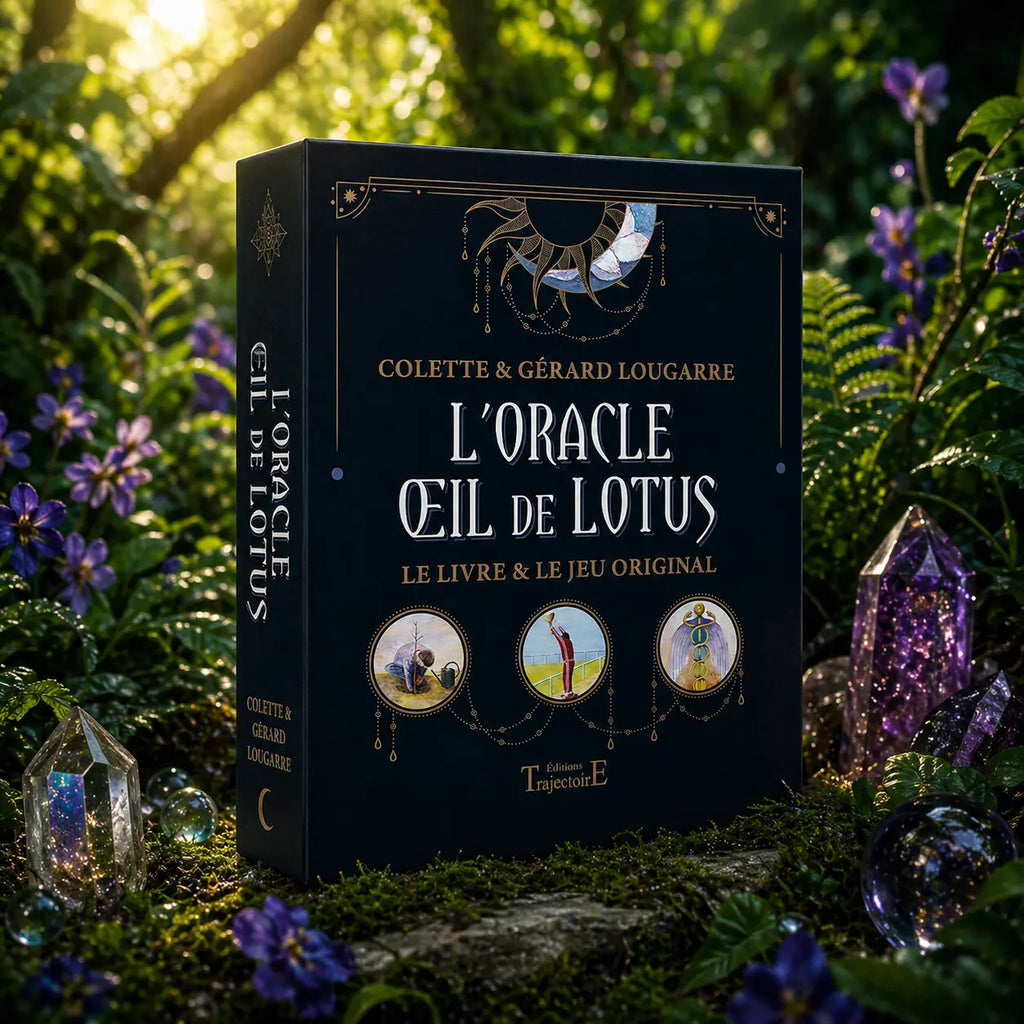 Coffret noir L'Oracle Oeil de Lotus de Colette et Gérard Lougarre posé dans la mousse, illustré de trois médaillons montrant un jardinier, un personnage vers le ciel et un caducée ailé.