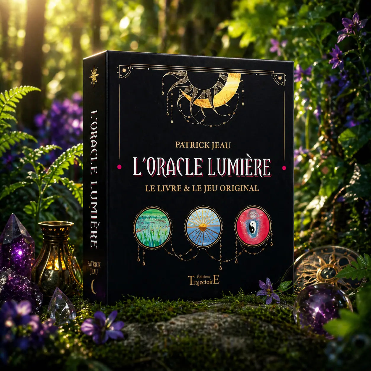 Coffret noir L'Oracle Lumière de Patrick Jeau posé dans la mousse, illustré de trois médaillons colorés montrant un paysage, un soleil rayonnant et un symbole Yin-Yang.