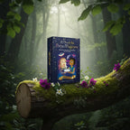 Coffret bleu nuit L'Oracle des Petits Magiciens de Stéphanie Abellan posé sur une branche moussue, illustré de deux enfants créant de la magie.
