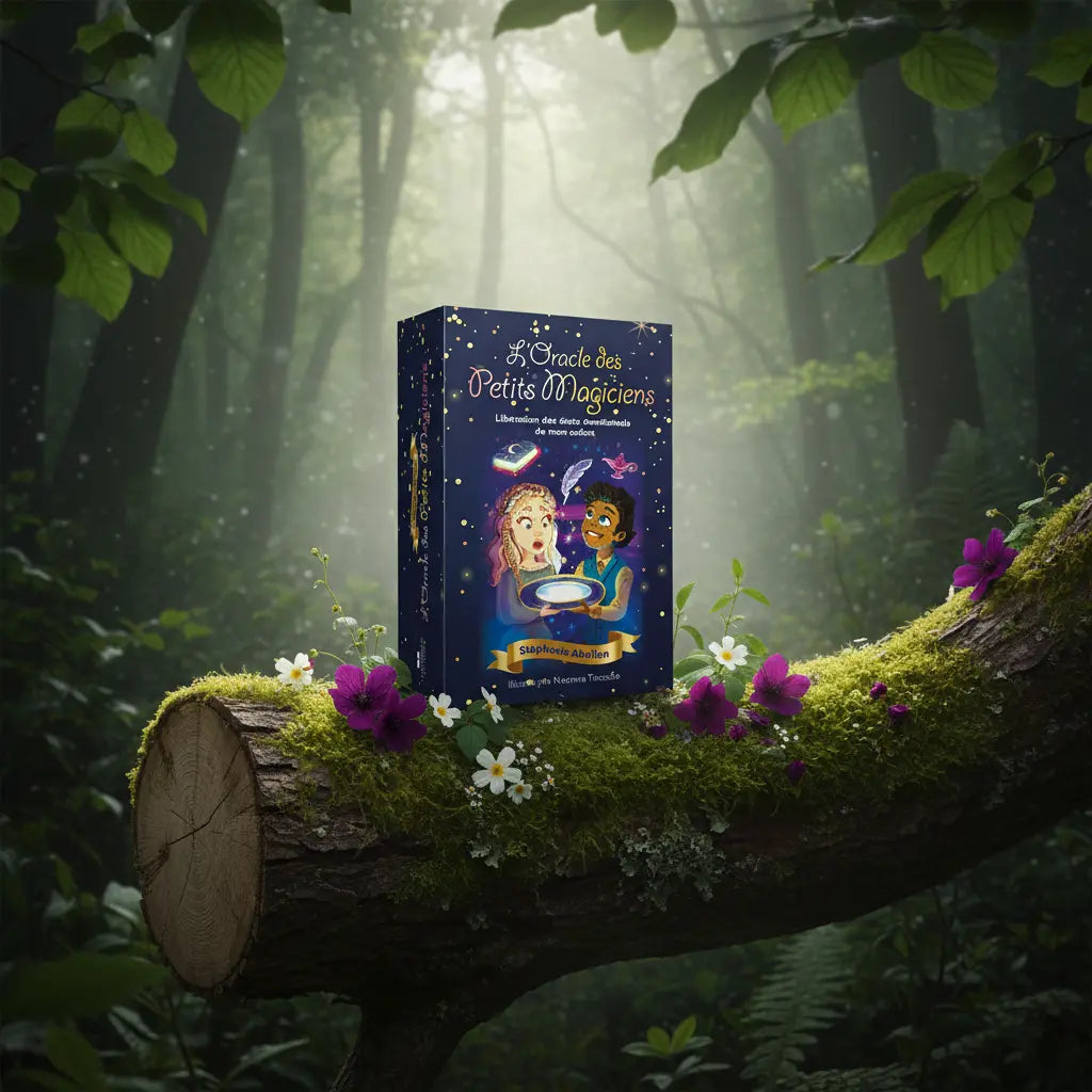 Coffret bleu nuit L'Oracle des Petits Magiciens de Stéphanie Abellan posé sur une branche moussue, illustré de deux enfants créant de la magie.