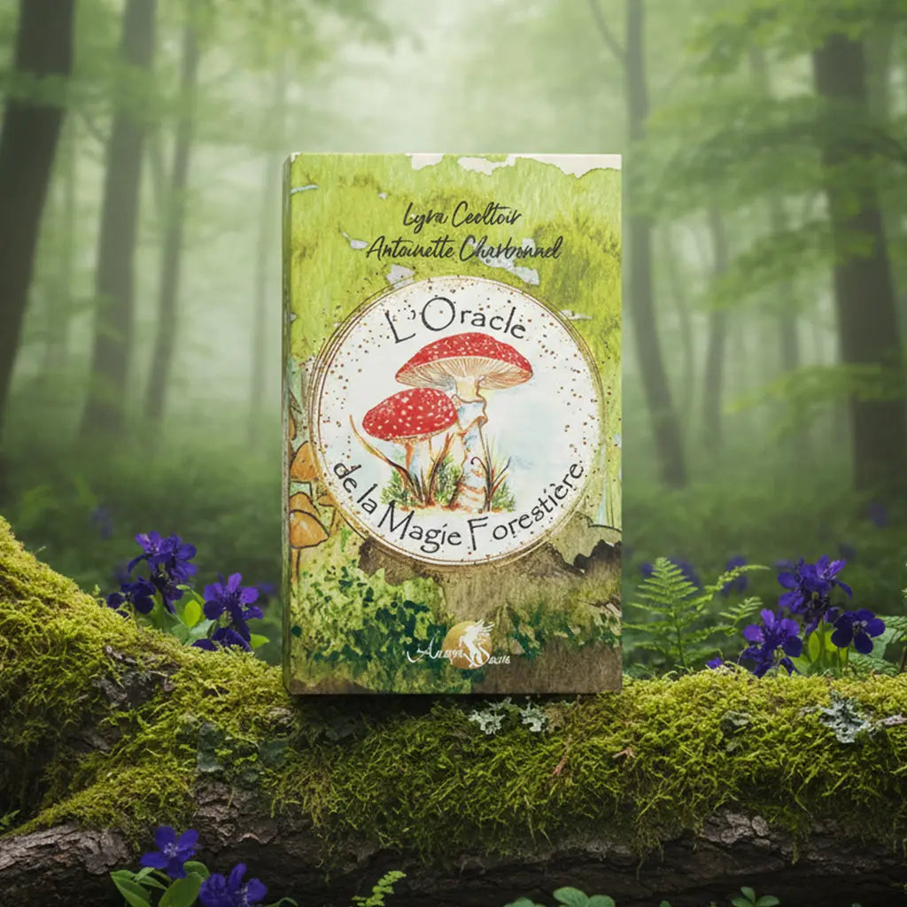 Coffret vert L'Oracle de la Magie Forestière de Lyra Ceoltoir posé sur une souche, illustré de champignons amanites à l'aquarelle.