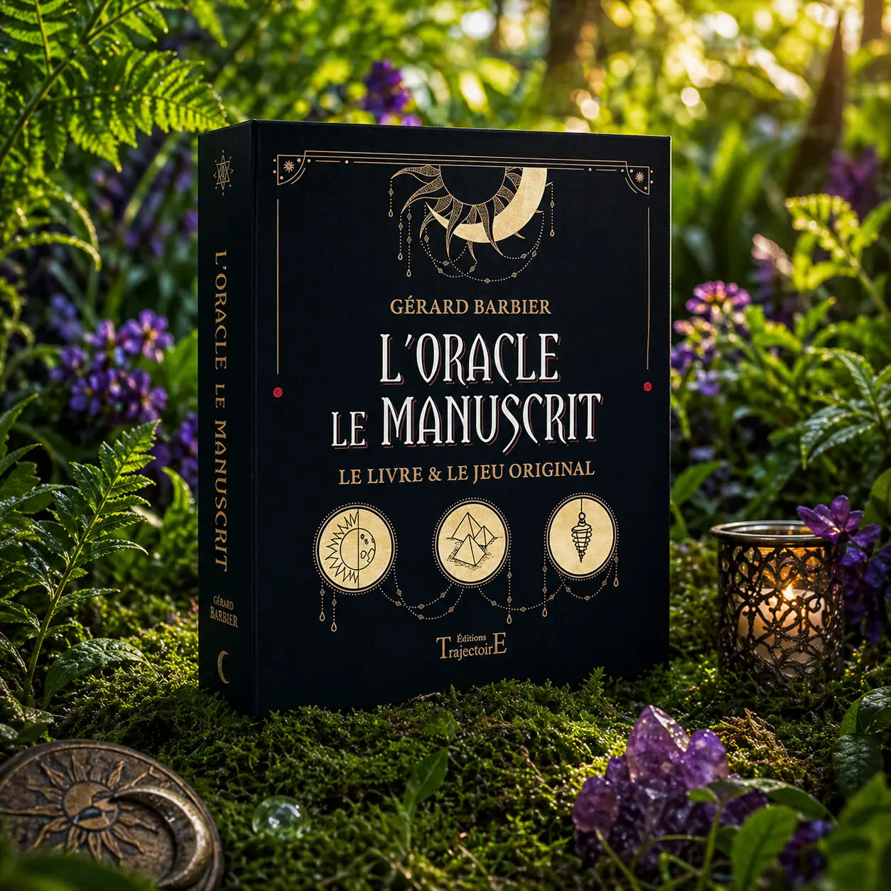 Coffret noir L'Oracle Le Manuscrit de Gérard Barbier posé sur de la mousse, entouré de cristaux d'améthyste et d'une lanterne ciselée, avec des symboles ésotériques dorés.