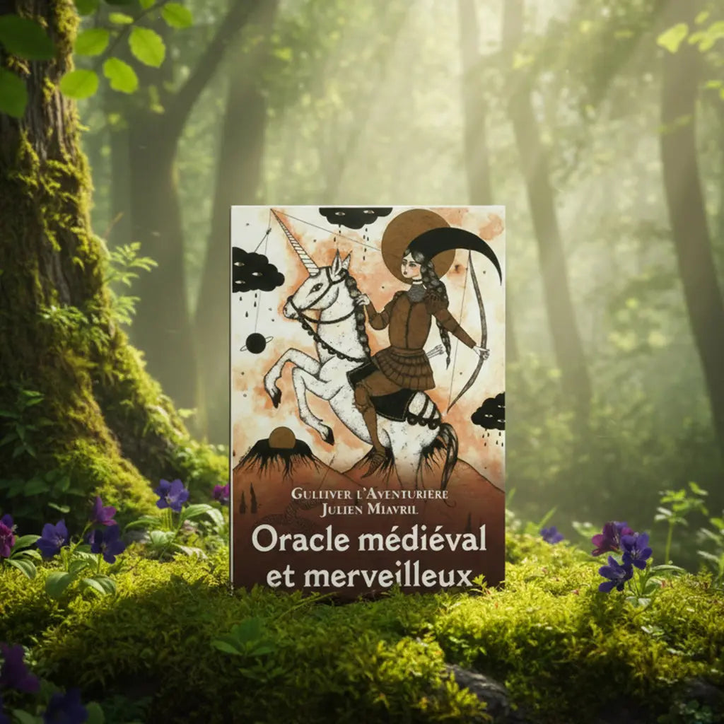 Coffret de l'Oracle Médiéval et Merveilleux - 40 Cartes posé sur de la mousse en forêt, illustré d'une guerrière chevauchant une licorne dans un style enluminure ancienne.