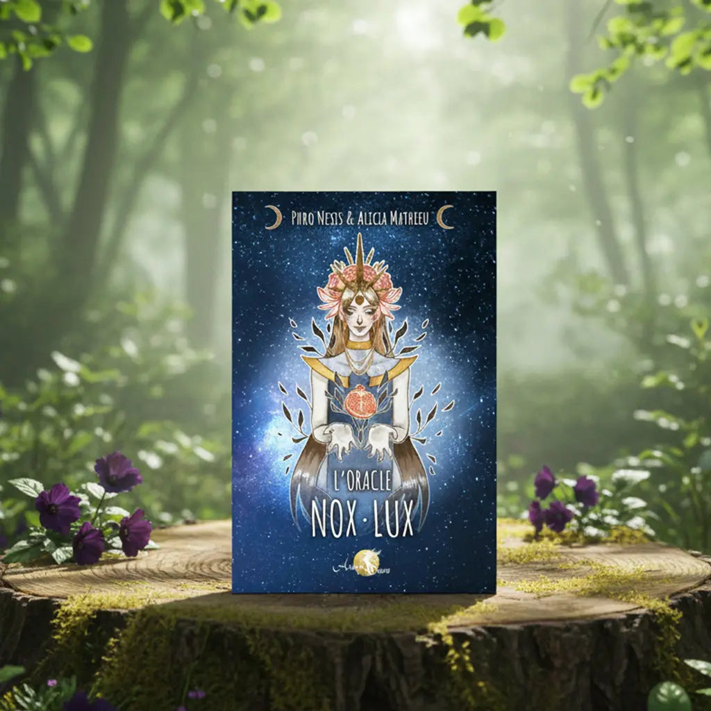 Coffret bleu nuit étoilé L'Oracle Nox-Lux de Phro Nesis posé sur une souche, illustré d'une déesse couronnée tenant une grenade rouge ouverte sur le cœur.