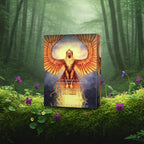 Coffret L'Oracle du Phénix de Damien Jacquemet posé sur une souche, illustré d'un oiseau de feu doré déployant ses ailes sur fond étoilé.