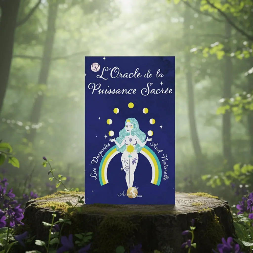 Coffret bleu nuit L'Oracle de la Puissance Sacrée posé sur une souche, illustré d'une femme tatouée aux cheveux turquoises entourée des phases de la lune et d'un arc-en-ciel.