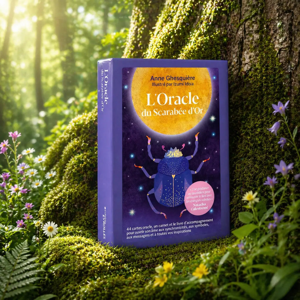 Coffret violet L'Oracle du Scarabée d'Or d'Anne Ghesquière posé dans la mousse, illustré d'un scarabée bleu sacré sous un soleil radieux nimbé d'étoiles.