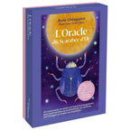 L'Oracle du Scarabée d'Or illustré par un scarabée bleu aux détails dorés sous une lune imposante sur un fond violet étoilé.
