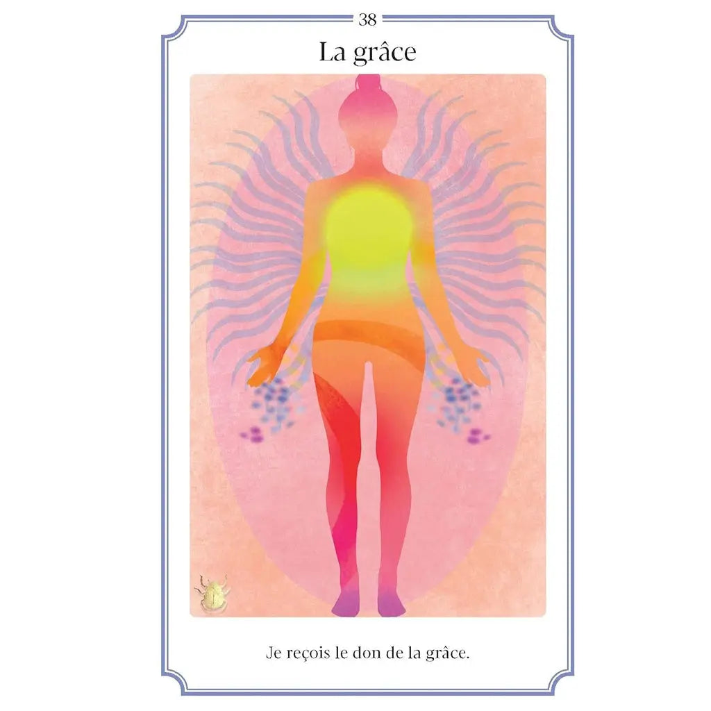 L'Oracle du Scarabée d'Or illustré par la carte « La grâce » montrant une silhouette humaine lumineuse aux couleurs de l'arc-en-ciel entourée d'une aura rose vibrante.