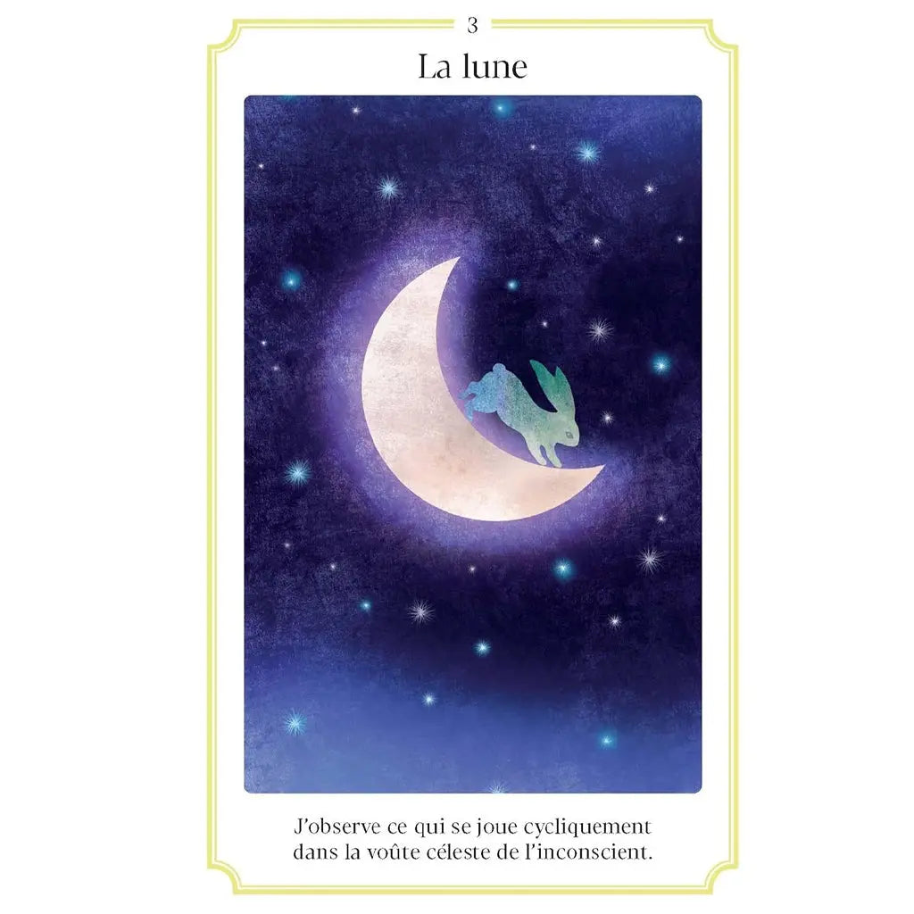 L'Oracle du Scarabée d'Or illustré par la carte « La lune » montrant un lièvre bondissant sur un croissant de lune au milieu d'un ciel nocturne étoilé.
