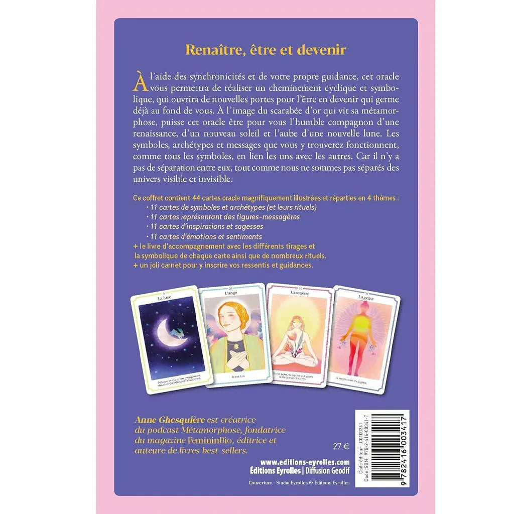 L'Oracle du Scarabée d'Or présentant son texte de description au verso sur un fond violet, avec quatre cartes illustrées nommées « La lune », « L'ange », « La sagesse » et « La grâce ».