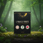Coffret noir et or Oracle Spirite de Liliane Quint posé sur une souche, illustré de trois médaillons : un soleil, un palmier et une rose.