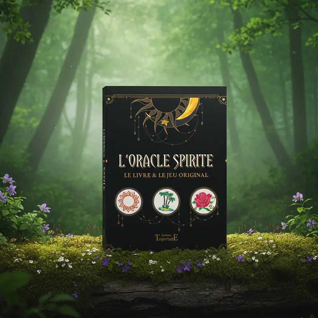 Coffret noir et or Oracle Spirite de Liliane Quint posé sur une souche, illustré de trois médaillons : un soleil, un palmier et une rose.