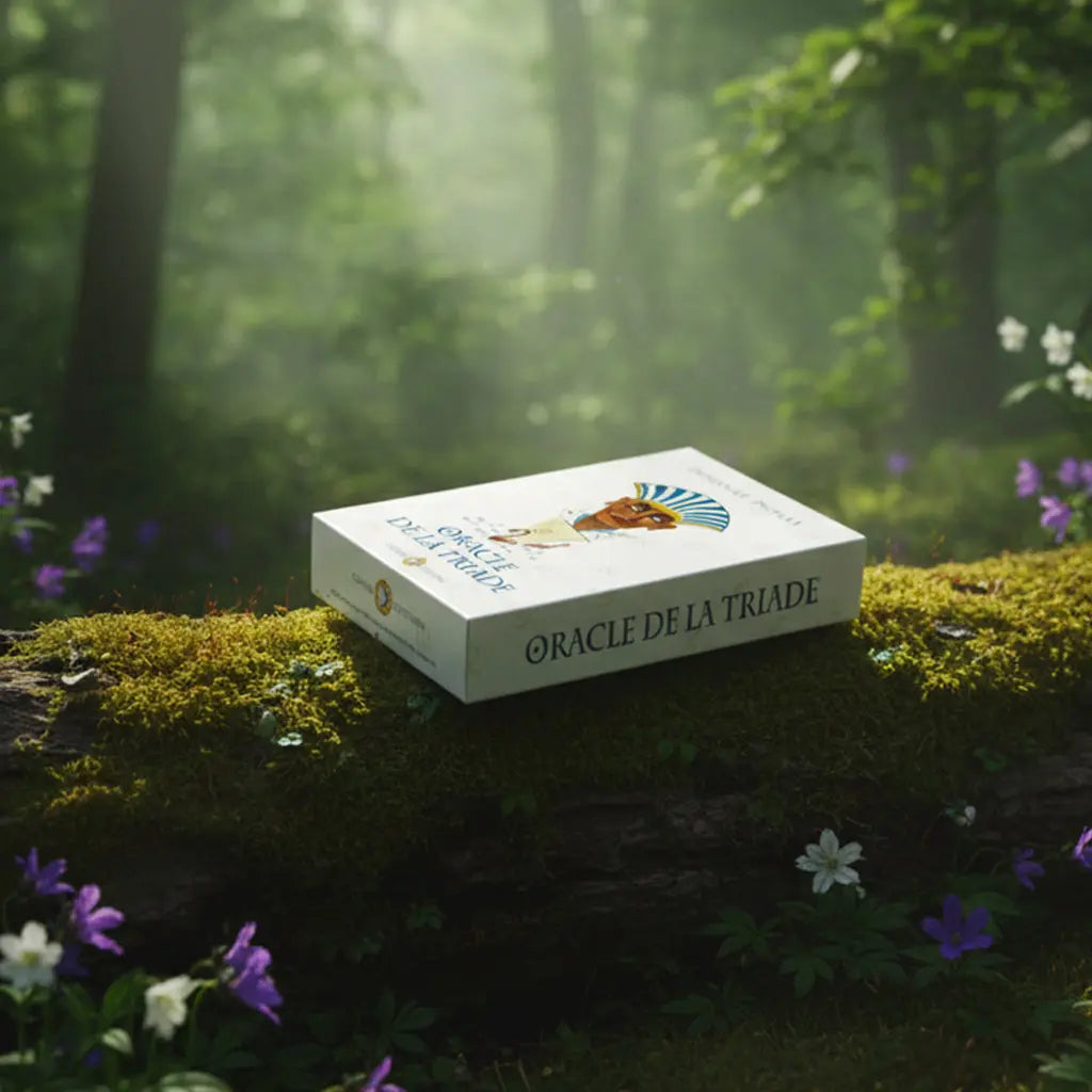 Boîte du jeu « Oracle de la Triade » posée sur une souche couverte de mousse, en forêt avec fleurs et lumière douce.