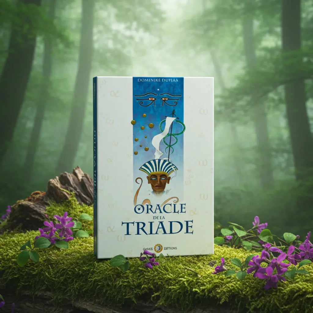 Livre blanc Oracle de la Triade - Livre de Dominike Duplaa posé sur une souche, illustré d'un visage égyptien et du caducée sur fond bleu.