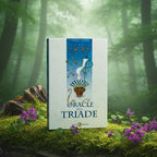 Livre blanc Oracle de la Triade - Livre de Dominike Duplaa posé sur une souche, illustré d'un visage égyptien et du caducée sur fond bleu.